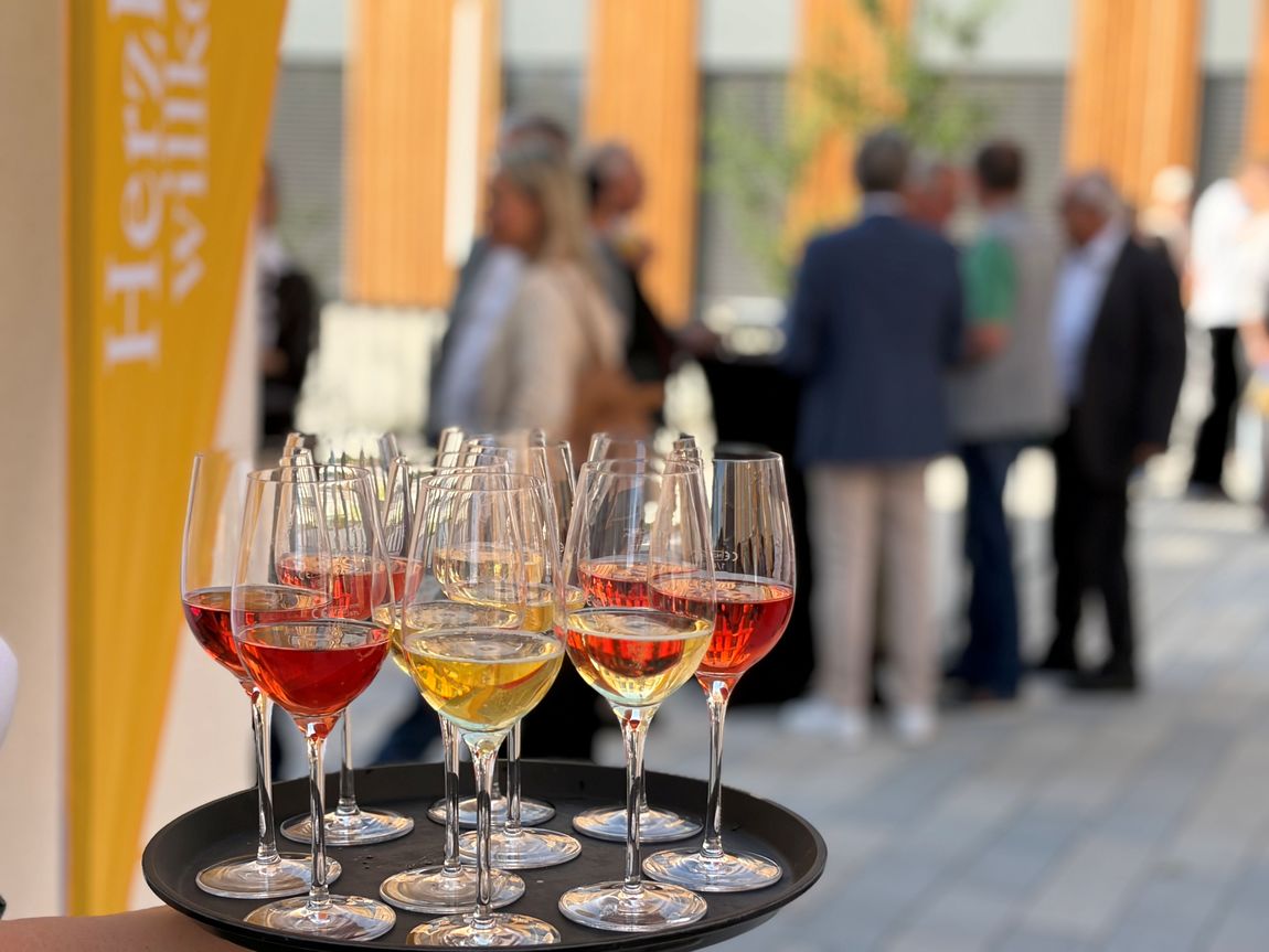 Weingläser mit Rotwein und Weißwein auf einem Tablett, im Hintergrund eine Gruppe von Personen