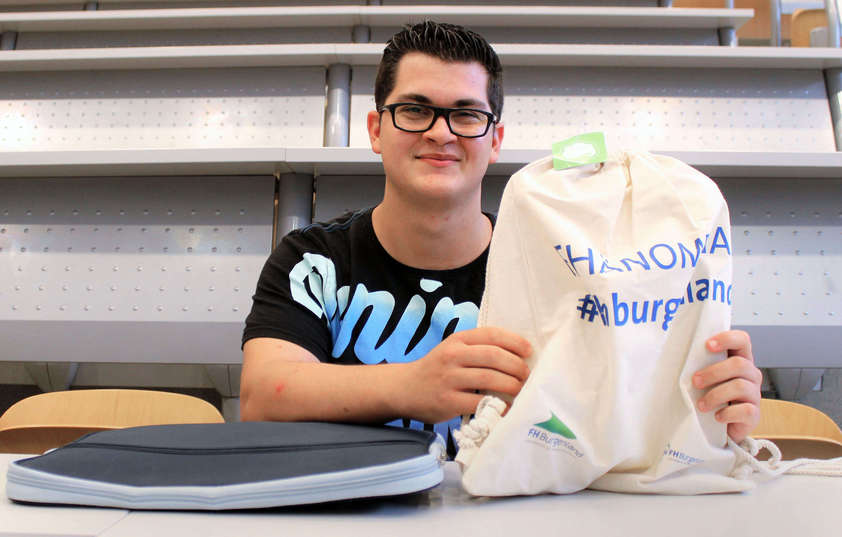 Student Dominic Tochner in the lecture theatre at the Pinkafeld campus
